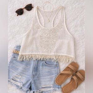 Boho Fringe Embroidered Tank Top White Festival Lace Top
